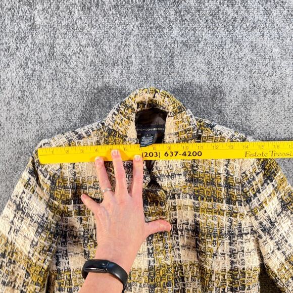 French Connection Tweed Jacket Size 4 Yellow Black Cream Belted Rounded Collar - Picture 8 of 10
